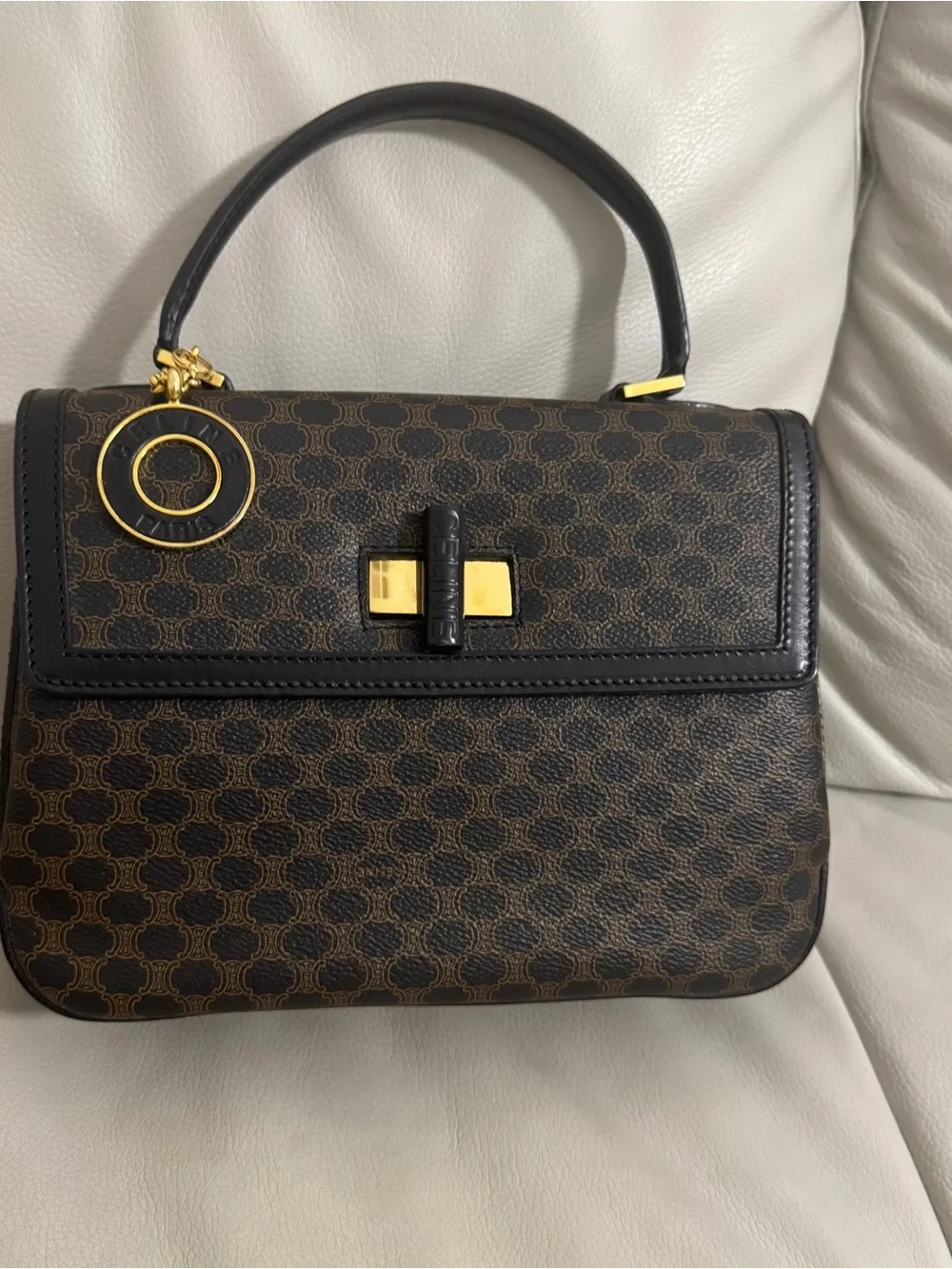 Celine vintage Brown and Black Macadam Top-Handle Satchel with Gold Accents